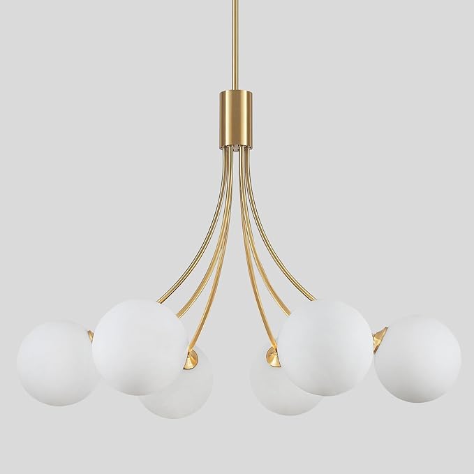 31.5" Modern Mid-Century Gold Sputnik Chandelier - 6-Light Adjustable Hanging Fixture with Milk White Glass Shades for Dining Room, Kitchen Island, Living Room, Bedroom, Foyer Lighting