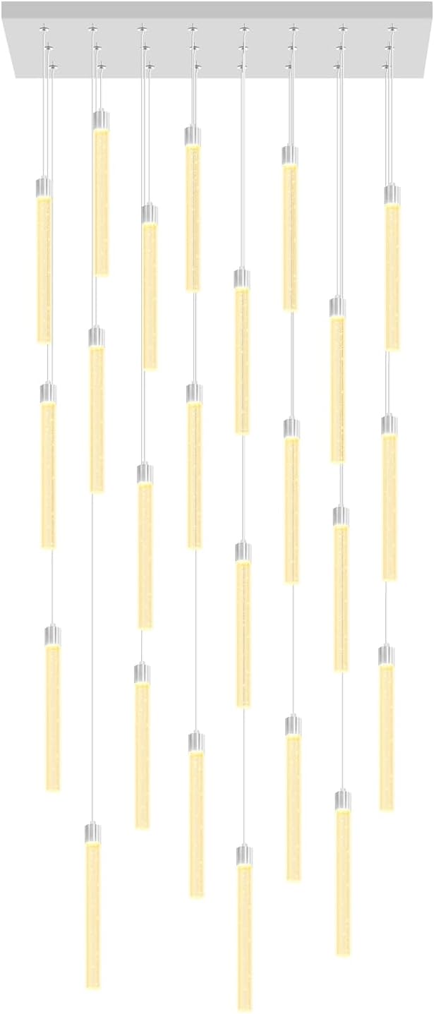 Modern Rectangular Crystal Chandeliers LED Dimmable Crystal Column Chandelier Living Room Foyer Crystals Pendant Light for Dining Room Adjustable Height 24-Light Silver