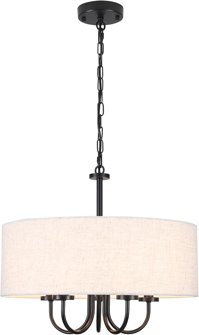 5 Lights Drum Chandelier for Dining Room 19" Modern Farmhouse Black Chandeliers with Shades Round Pendant Light Fixtures Linen Hanging Chandeliers for Bedroom Living Room Kitchen Over Table Foyer