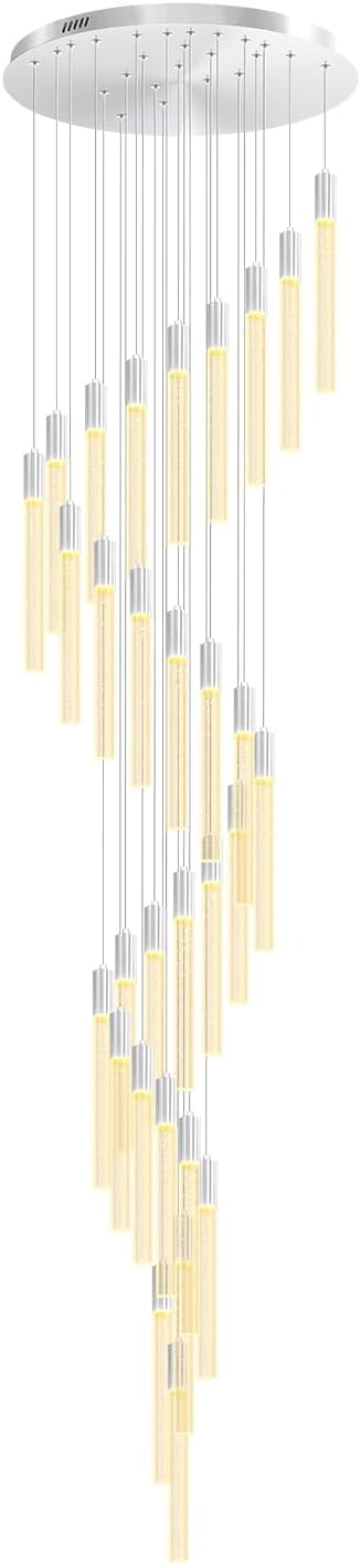 D28inxH177in Long Crystal Column Chandelier Large Staircase Chandelier for High Ceiling 30-Light Dimmable LED Pendant Lighting Foyer Entryway Light Source is Replaceable