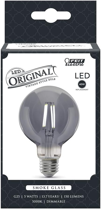 Feit Electric Vintage Exposed Filament Smoke Glass LED G25 with a Medium E26 Base Light Bulb - 60W Equivalent - 10 Year Life - 150 Lumen - 5000K Daylight - Dimmable | Original Vintage
