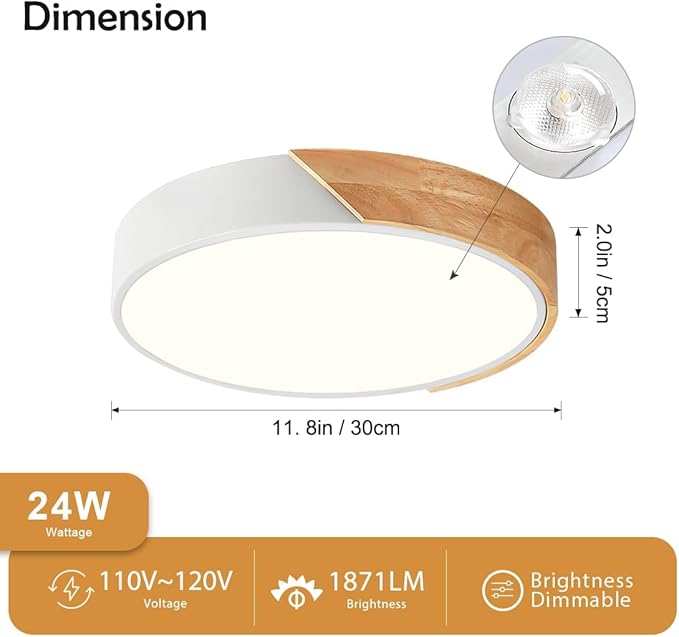 Modern Dimmable LED Ceiling Light, Minimalist Wood Style 5CCT 2700K-6000K Flush Mount Ceiling Light Fixture, Round Lighting Lamp for Bedroom, Laundry Room, Hallway, White, 11.8"