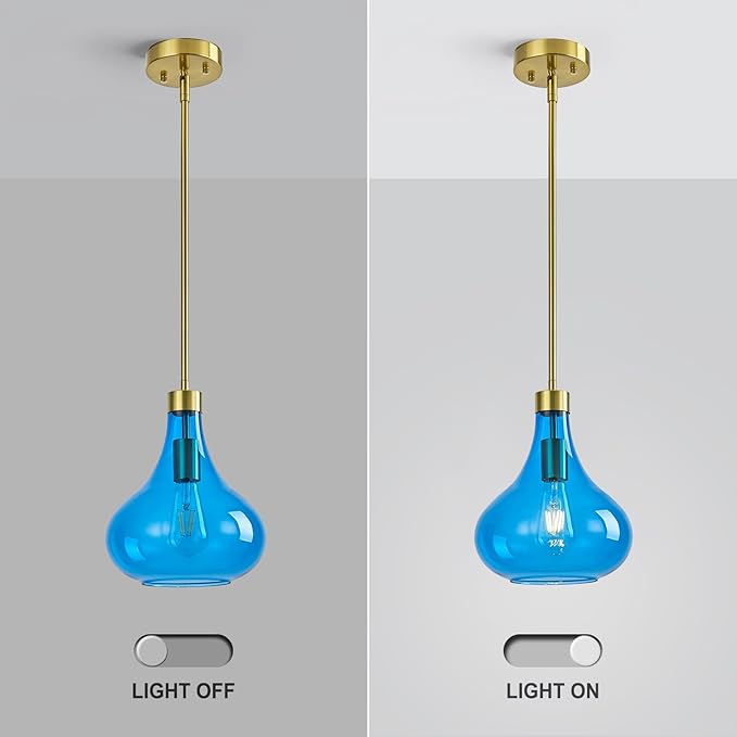 Modern Glass Pendant Light 9.44 in Blue Glass Shade Gold Farmhouse Island Pendant Lights for Kitchen Pendant Lighting Over Sink Bedroom Dining Room