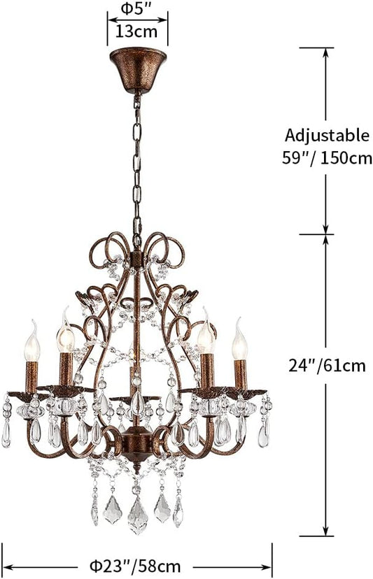 Saint Mossi 5-Lights Crystal Chandelier for Dining Room, Farmhouse Chandelier Style, K9 Crystal Pendant Light Rustic Lighting Fixture for Living Room, H24 x D23, Chain Adjustable