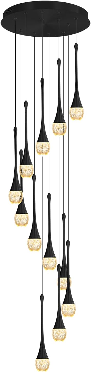 ykolupty Modern Crystal Chandeliers LED Dimmable Stairwell Chandelier 12-Lights Teardrop Chandelier Large Pendant Light for Entryway Foyer Living Room Black