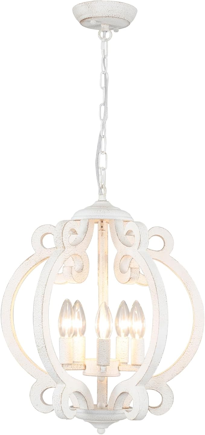 Farmhouse Chandelier for Dining Room, French Country Chandelier Distressed White, 4-Light Rustic Wooden Chandelier, Cottage Antique Wood Hanging Light Fixture for Entryway Foyer Living Room Kitchen