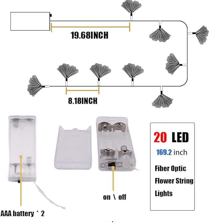 Colorful Flower Fibre Optic Fairy Lights,20LED Starburst Firework String Lights,14 FT Waterproof Fairy Lights Battery Operated for Indoor Outdoor Wedding, Christmas,Garden,Party Decoration