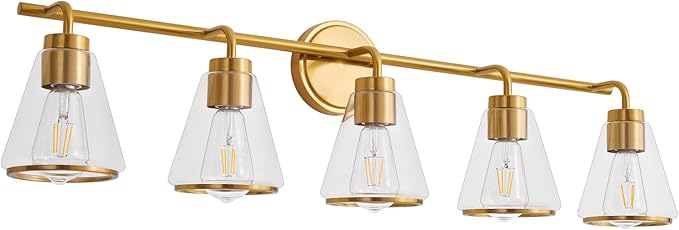 Gold Vanity Light 5 Lights 38.5" Large Vanity Lights for Bathroom, Wall Sconces Light with Clear Glass Shade, Light Fixtures for Bathroom, Living Room, Kitchen, Bedroom, E26 Base