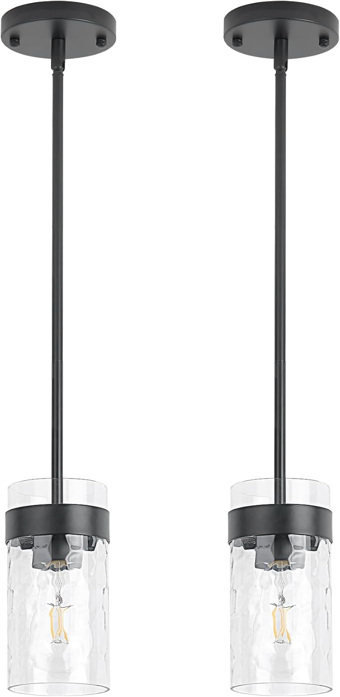 Water Ripple Glass Pendant Lights Kitchen Island Black Pendant Light Fixtures Adjustable Modern Mini Hanging Light for Sink Dining Room Foyer Entryway Bar, 2 Pack