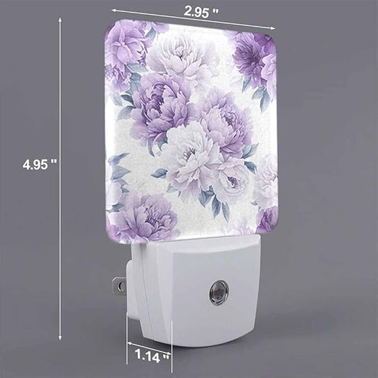 Purple Flowers Night Light Peonies in Full Bloom 0.5W Night Lights Auto LED Lamp Energy Saving Square Lights for Room Bedroom Bathroom