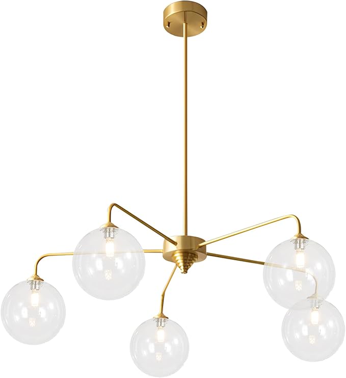 Mid Century Modern Sputnik Chandelier Brass 5 Light Gold Chandelier Clear Glass Globe Sputnik Chandelier for Dining Room Bedroom Kitchen