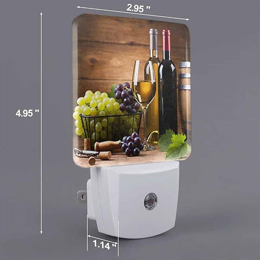 Wine Night Light A Stemmed Glass with Grapes on A Wooden Background Plug into Wall with Dusk to Dawn Light Sensors 0.5W Warm Nightlights for Bedroom Bathroom Hallway