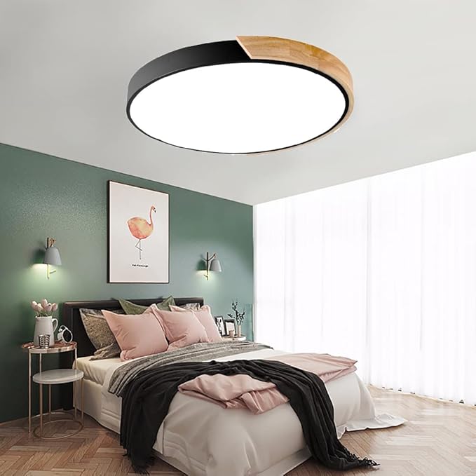 LED Ceiling Light Fixture,12 Inch Modern Wood Recessed Ceiling Lights, Dimmable Light,Black 24W Close to Ceiling Lighting Flush Mount Living Room Bedroom,3000K-6000K