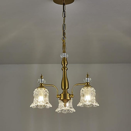 3 Lights Gold Chandelier,Vintage Elegant Rustic Chandeliers Glass Pendant Light Fixture for Dining Room Kitchen Living Room Bedroom