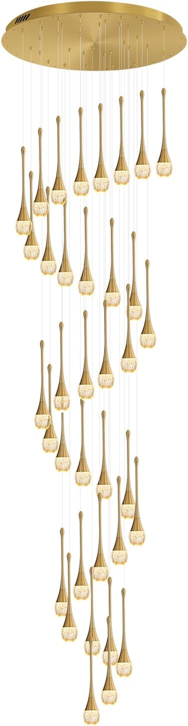 ykolupty H150 Spiral Chandelier Lighting Modern Gold Chandelier Light Fixture for Foyer Hallway Crystal Chandeliers for High Ceilings Suitable for Sloping Ceiling 2700-6000k Dimmable