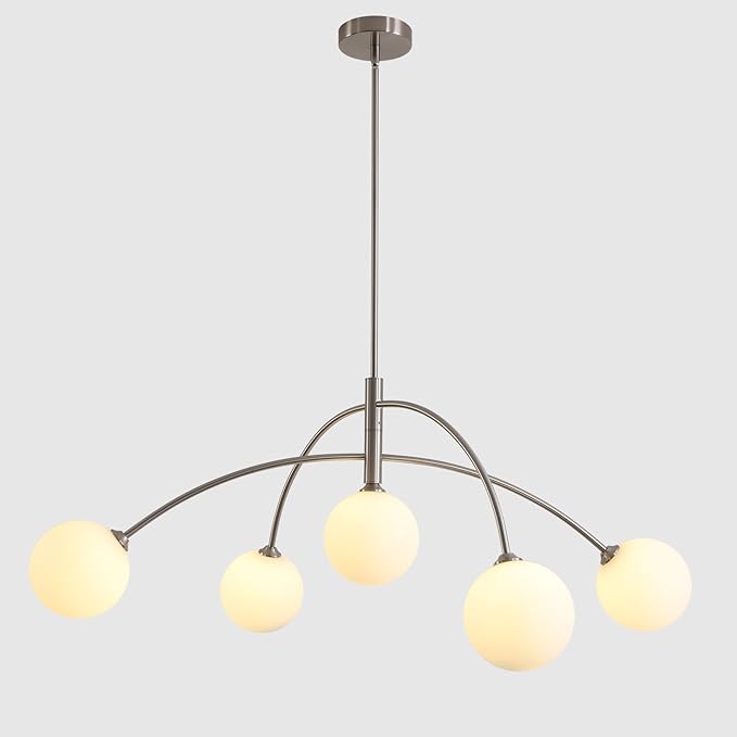 Mid Century Modern Chandelier, 5 Light Silver Sputnik Light Fixture with White Glass Globe Shade, Adjustable Modern Sputnik Chandelier for Dining Room Kitchen Bedroom