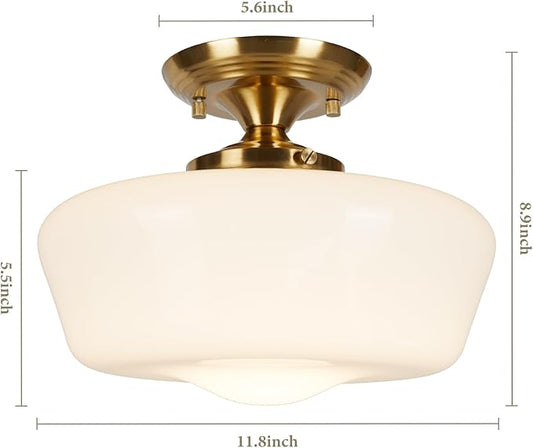 Schoolhouse Style Semi Flush Mount Ceiling Light Fixture, 12" Modern Gold Hallway Ceiling Lamp with Opal Milk Glass Shade Brass, Farmhouse Globe Light for Bedroom Kitchen Hallway Entryway Laundry