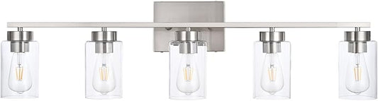 5 Light Bathroom Vanity Light Fixtures, Brush Nickel Modern Wall Lights with Clear Glass Shade, Vintage Wall Sconce Lighting for Living Room, Mirror, Bedroom, Hallway (Nickel, 5-Lights)