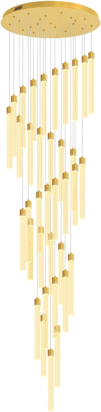 200'' Long Crystal Column Chandelier Gold 36-Light Extra Large Staircase Chandelier High Ceiling Dimmable LED Ceiling Lighting Foyer Entryway Light Source is Replaceable