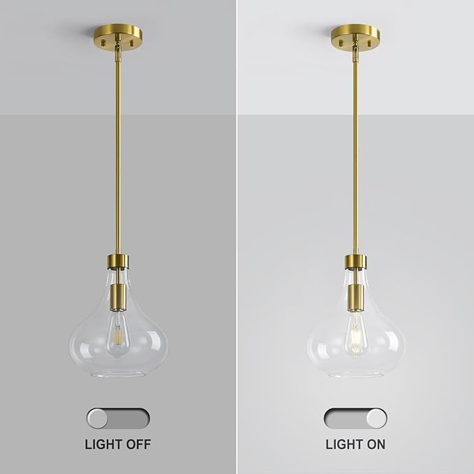 Modern Glass Pendant Light 9.44 in Clear Glass Shade Gold Farmhouse Island Pendant Lights for Kitchen Pendant Lighting Over Sink Bedroom Dining Room