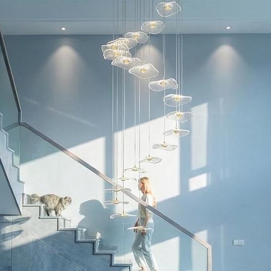 ziidoo High Ceiling Chandelier - 24-Light Dimmable Modern Gold Long Spiral Luxury Linear Lotus Leaf Led Lamp Hanging Pendant Lights for Foyer Enterway Staircase Villas