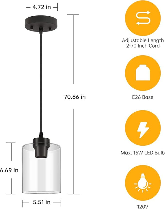 BoostArea Modern Pendant Light Fixtures, Industrial Hanging Ceiling Lamp with Clear Glass Shade, Farmhouse Black Pendant Lighting for Kitchen Island Decor Living Room Hallway Bedroom Dining(2 Pack)