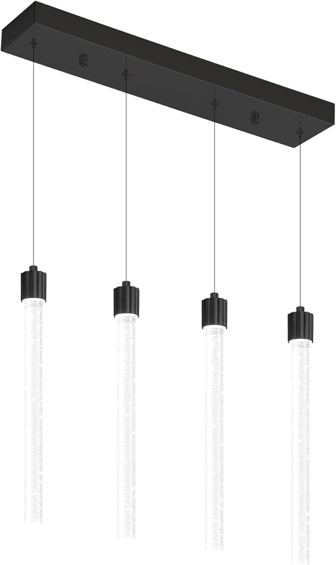 4-Lights Black Modern Crystal Column Chandeliers for Dining Room Dimmable LED Adjustable Height Hanging Pendant Light for Kitchen Island,Bedroom,Over Table,Living Room