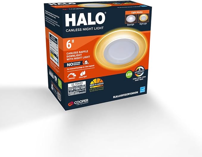 HALO RL 6 in Recessed LED Canless Dual Mode Night Light and Downlight, 1000 Lumens, Selectable CCT 2700K-5000K, Dim to Warm Technology, Matte White - RLNL6109FSD2W1EWHDM