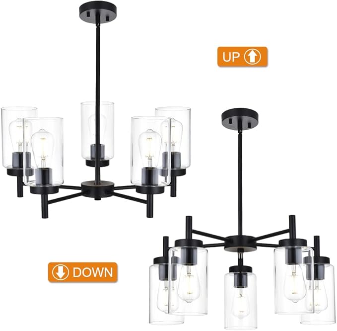 5 Light Contemporary Chandeliers Black Modern Lighting Fixtures Hanging,Industrial Vintage Pendant Lights with Clear Glass Shade Flush Mount Ceiling Light for Dining Room Bedroom