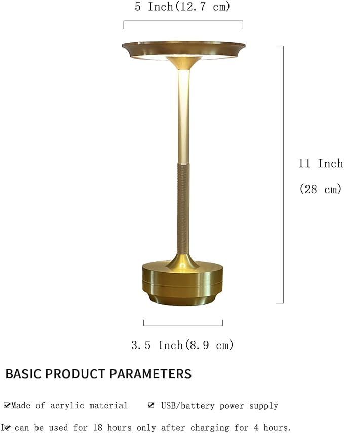 Ecolume Cordless Table Lamp,LED Portable Battery Operated Lamp, Dimmable Stepless 3-Color LED with Memory Function. Portable for Home Office/Dinner/Restaurant/Living Room.(Gold)