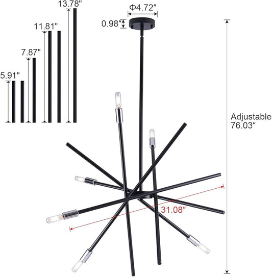 VILUXY Modern Sputnik Chandelier 6 Lights Black Linear Ceiling Pendant Light Fixture Mid Century Hanging Chandelier for Dining Room Living Room Foyer Staircase 31.5 inches