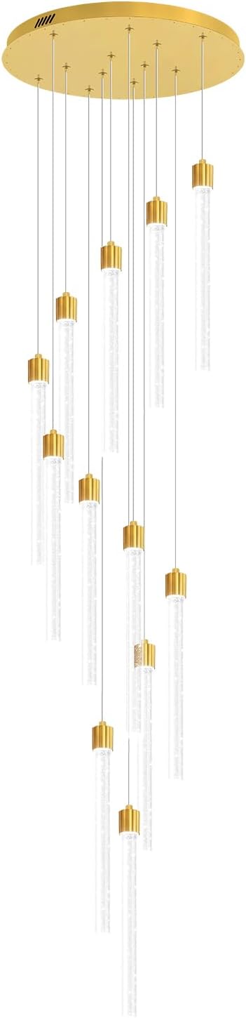 118'' Modern Glam Crystal Column Chandelier for High Ceiling LED Dimmable Pendant Light Staircase Foyer Enterway Living Room Ceiling Chandelier Lighting Gold 12 Lights