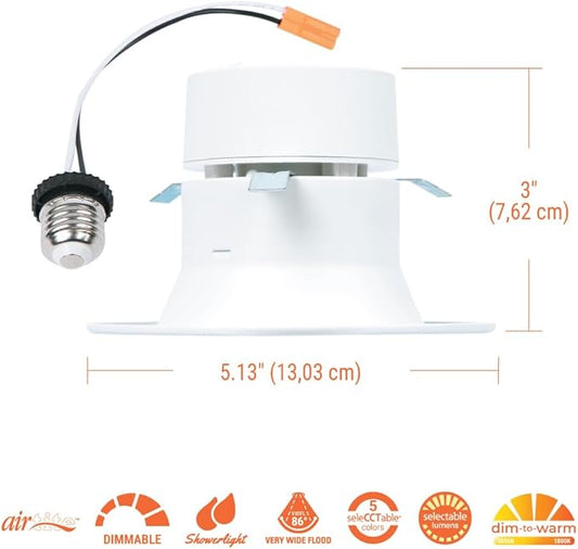 HALO RL 4 inch LED Recessed Light Retrofit Selectable CCT 2700K 3000K 3500K 4000K 5000K Dimmable Dim to Warm 600/900 Lumens Wet Location Indoor Outdoor Ceiling Downlight RL4LS9FSD2W1EWH