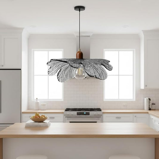 15.75" Large Gray Petal Glass Pendant Light, Mid Century Modern Adjustable 59" Cord Hanging Ceiling Lamp, Floral Leaf Pendant Light for Kitchen Island Dining Room