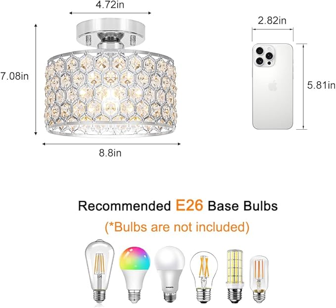 Lxybcce Chrome Crystal Ceiling Light Fixture - Modern Semi Flush Mount Ceiling Chandelier Lighting for Hallway, Kitchen & Foyer | Dazzling Prism Chandelier with Easy Installation,1 Light, 9 in