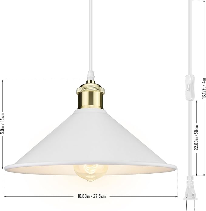 LYOOWNG Plug in Pendant Light, Bigger Hanging Lights with Plug in Cord On/Off Switch, 13FT Industrial Plugin Hanging Light, Vintage Pendant Lights Fixture, White