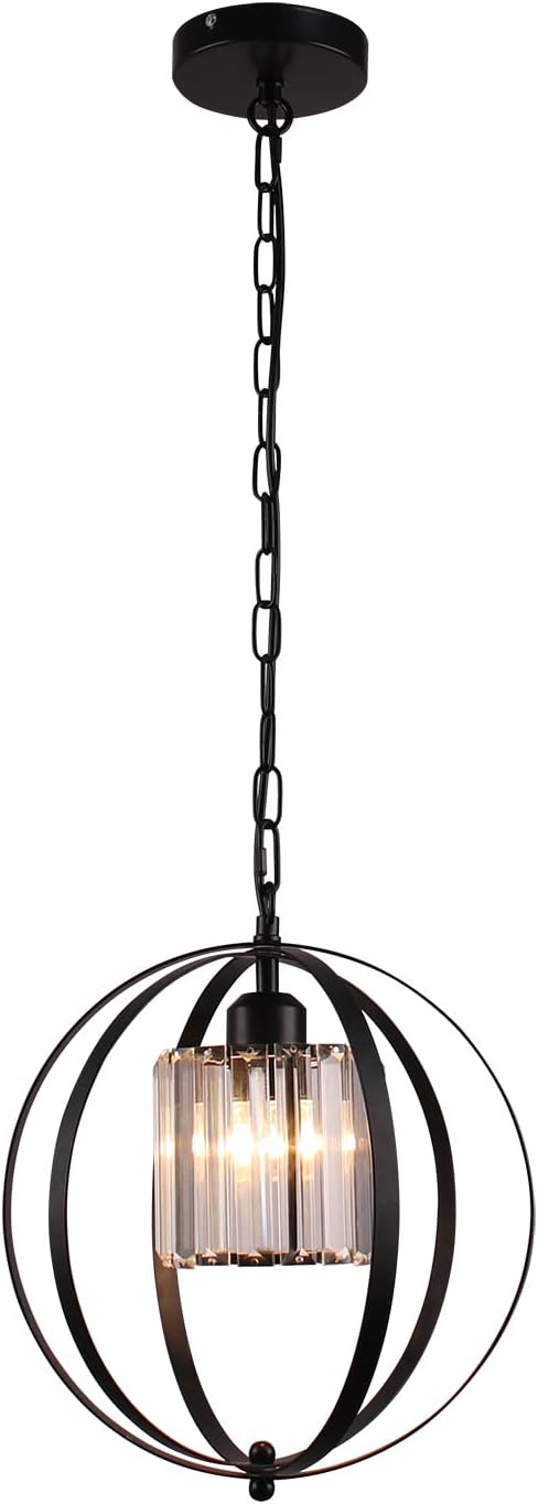 FRIXCHUR Farmhouse Chandelier Crystal Pendant Light Adjustable Hanging Light Fixtures Orb Globe Chandeliers for Kitchen Island Dining Room Foyer Bedroom (Black)
