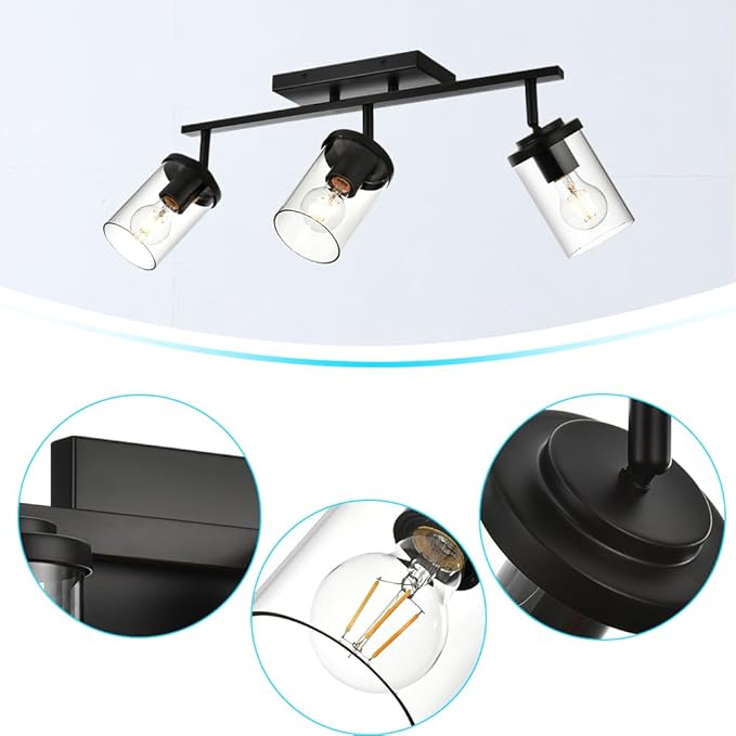BONLICHT Industrial Vintage Indoor Wall Mount Spotlight 3 Light Modern Semi Flush Mount Ceiling Light Black Adjustable Track Lighting Kit Rustic Bathroom Vanity Light Fixture with Clear Glass Shade