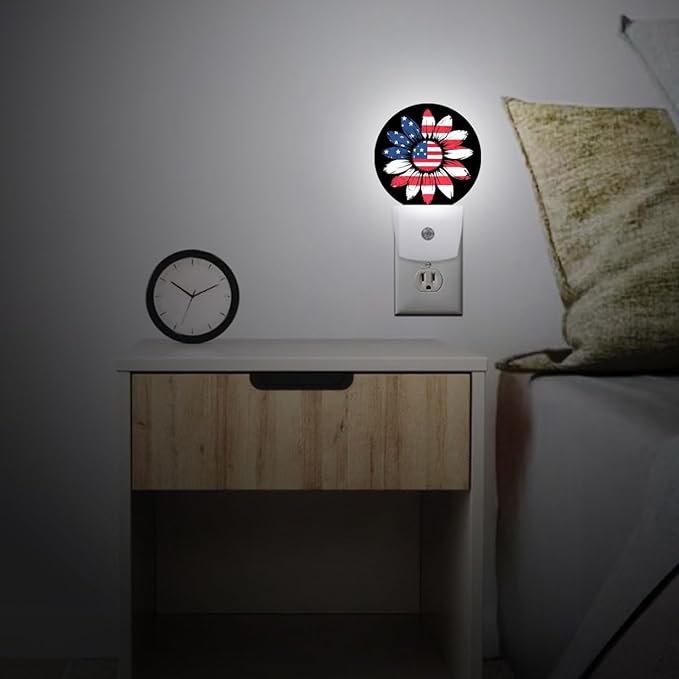 Sunflower USA Flag Plug in Night Light Auto Light Round Lamps Energy Saving Gift for Women Men Friends