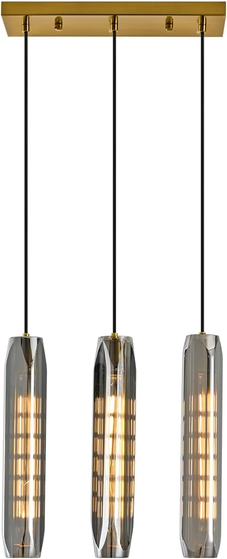 3-Light Linear Pendant Light for Kitchen Island, Modern Brass Ceiling Hanging Lamp with Smoked Glass Shades, Adjustable Height Island Lighting for Dining Room, Bar, Living Room