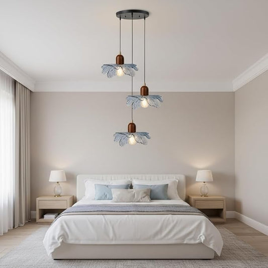 Modern Minimalist Blue Flower Glass Cluster Chandelier, Wood Accent Adjustable 3-Light Pendant Light for Kitchen Island, Apartment Living Room, Entryway, Breakfast Nook