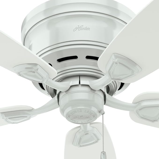Hunter 48 inch Outdoor or Indoor Ceiling Fan No Light - Low Profile Flush Mount, White Ceiling Fan without Light, For Patio, Porch, Garage, or Living Room, 5 Blades, Pull Chain - Sea Wind 53119, White