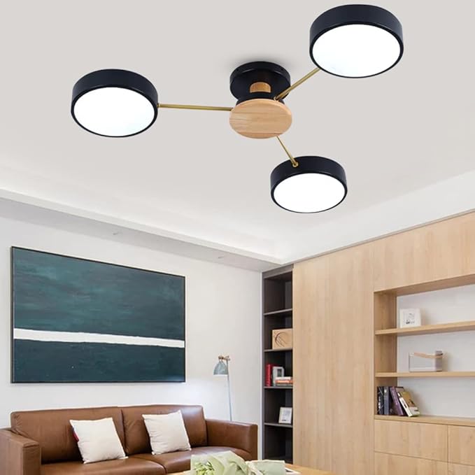 LED Ceiling Light Fixture,26 Inch 3-Lights Modern Ceiling Lights Flush Mount Wooden 24W Dimmable Chandelier for Living Room Bedroom Kitchen,3000K/4000K/6000K Temperatures Selectable Black