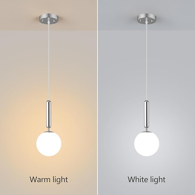 Modern Hanging Light Fixture Pendant Lighting for Kitchen Island Mid Century Chrome Pendant Lights with Globe Milky White Glass Pendant Light for Bedroom Bathroom Entryway (3 Pack)