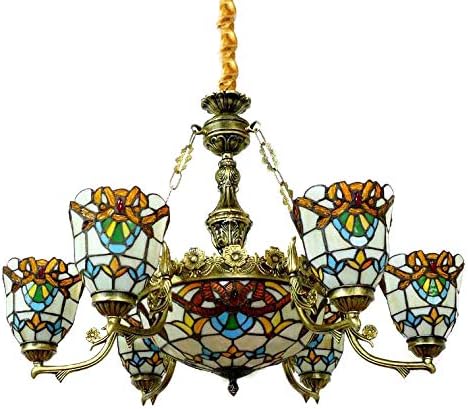 Pendant Lighting LED Victorian Chandelier Light Antique Tiffany Style Stained Glass 6+1-Light Hanging Light for Dining Living Cafe Room Restaurant - TYP C1