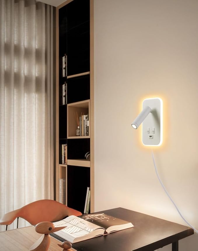 Wall Sconce Plug in with Wall Mounted Reading Lights, Wall Lamp for Bedroom with Charging Station USB Ports,Headboard Bedside Lamps, Plug-in or Hardwired, Eye-Caring Bedroom Lighting, White
