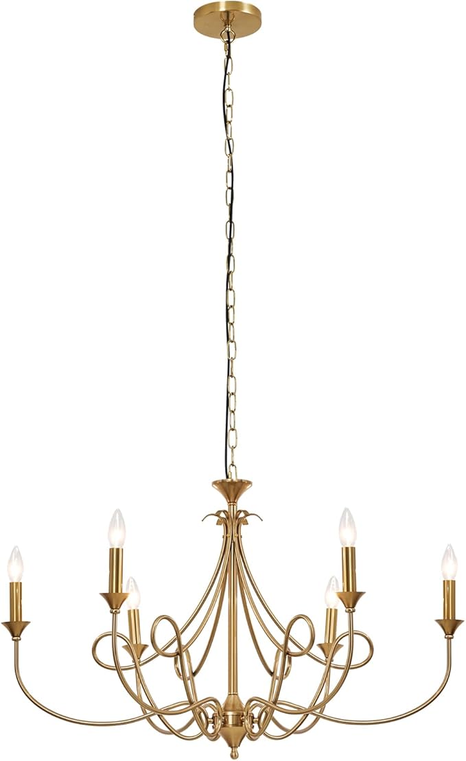 6-Light Modern Chandelier 36.6" Brass Candle Chandeliers Metal Gold Pendant Light Fixture for Dining Room Living Room Kitchen Island Foyer Entryway, E12 Base
