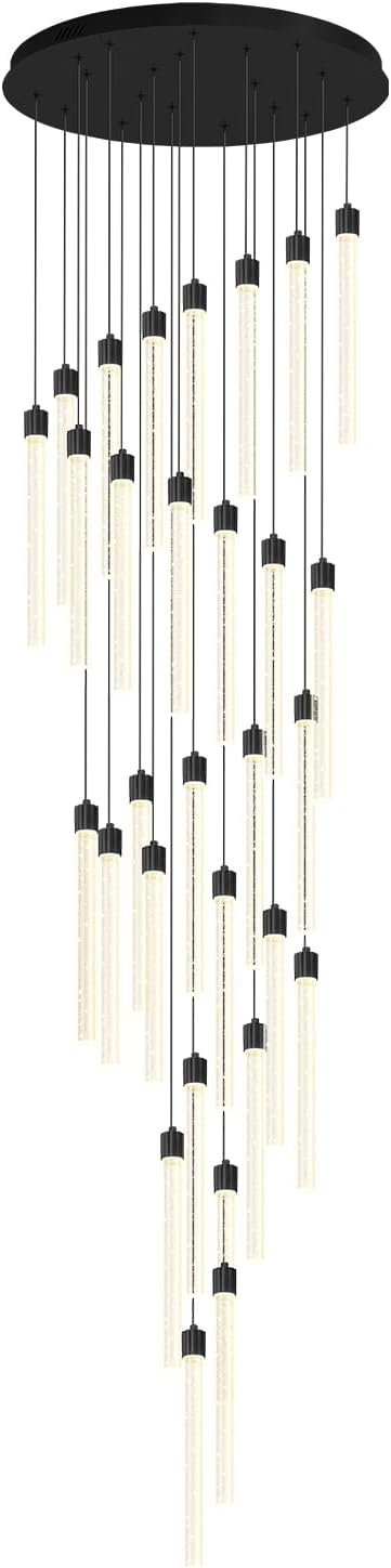 177‘’ Long Crystal Column Chandelier 30-Light Extra Large Black Staircase Chandelier High Ceiling Dimmable Led Ceiling Lighting Foyer Entryway Light Source is Replaceable