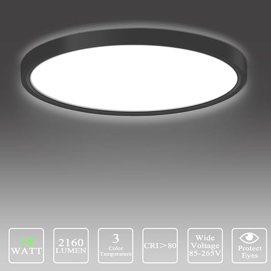 Ceiling Light Fixtures 9 Inches, 3 Color Temperatures Switchable 18W Round Black Shell LED Ceiling Mount Light for Bedroom, Kitchen, Living Room, Dining Room -3000K/4500K/6500K
