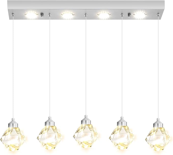 5-Lights Rectangular Pendant Light LED Dimmable Linear Crystal Chandelier Modern Rectangular Chandeliers for Dining Room Bedroom Silver Hanging Light